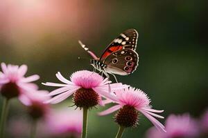 a butterfly is sitting on some pink flowers. AI-Generated photo