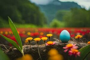 a blue egg in a field of flowers. AI-Generated photo