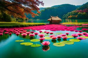 pink lotus flowers in a lake with a hut in the background. AI-Generated photo