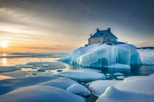 a house on an iceberg in the middle of the ocean. AI-Generated photo