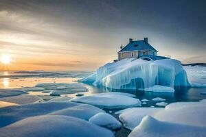 un casa en un iceberg en el medio de el océano. generado por ai foto