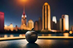 an apple sitting on a table in front of a city skyline. AI-Generated photo