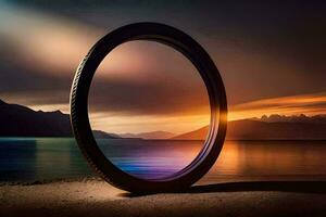 a tire on the beach with a sunset in the background. AI-Generated photo