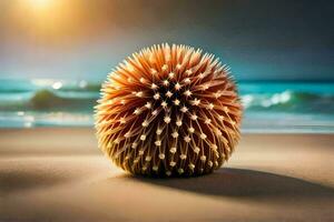 a beach ball with spikes on it sitting on the sand. AI-Generated photo