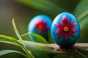 dos azul huevos con flores pintado en a ellos. generado por ai foto