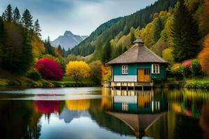 a small house sits on the edge of a lake surrounded by trees. AI-Generated photo