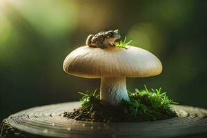 a frog sits on top of a mushroom. AI-Generated photo