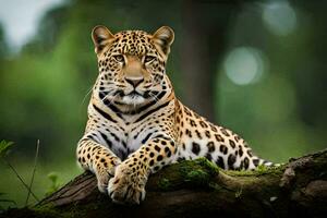 a leopard is sitting on a tree branch. AI-Generated photo