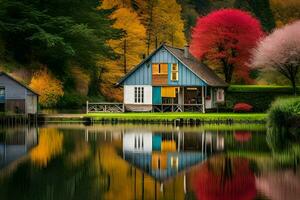 colorful trees and a house by the water. AI-Generated photo