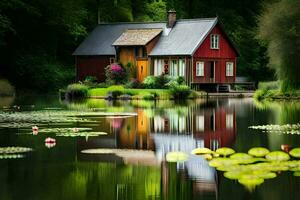 a red house sits on the edge of a pond. AI-Generated photo