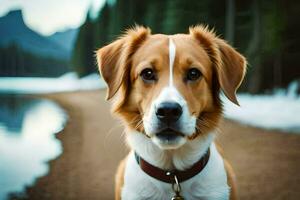 a dog standing on the side of a lake. AI-Generated photo