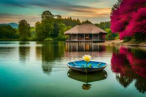 a boat is floating in the water near a hut. AI-Generated photo