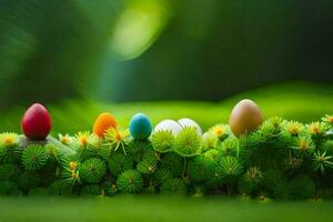 colorful easter eggs are sitting on a green plant. AI-Generated photo