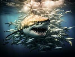 Dynamic Encounter Shark Attacking a School of Fish   generative ai photo