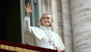 Historic Moment Female Pope Elected on Vatican Balcony. Generative AI. photo