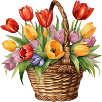 un' pittura di un' mazzo di tulipani nel un' cestino. ai-generato. png