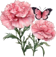 A painting of a bouquet of carnation and a butterfly. AI-Generated. png