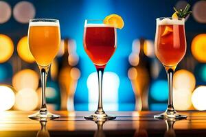 three glasses of different colored drinks on a bar. AI-Generated photo