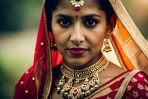 a beautiful indian woman wearing a red sari. AI-Generated photo