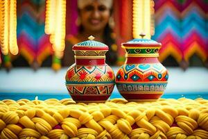 two colorful pots sitting on a table with a woman behind them. AI-Generated photo