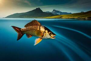 un pescado nadando en el Oceano con montañas en el antecedentes. generado por ai foto