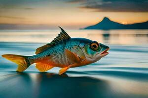 un pescado es nadando en el Oceano a puesta de sol. generado por ai foto