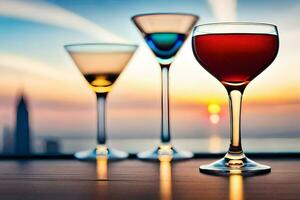 three glasses of wine on a table with the sun setting behind them. AI-Generated photo