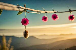 photo wallpaper the sky, flowers, mountains, sunset, flowers, the sky, flowers, the. AI-Generated