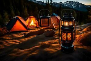 camping lanterns and tents in the mountains. AI-Generated photo