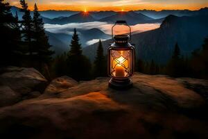 a lantern is lit on top of a mountain at sunset. AI-Generated photo