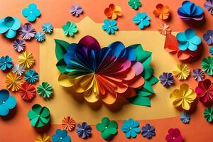 colorful paper flowers arranged on a colorful background. AI-Generated photo