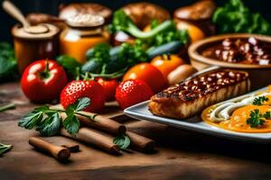 foods on a table with vegetables and other ingredients. AI-Generated photo