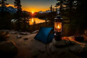 a campfire and a tent are lit up at sunset. AI-Generated photo