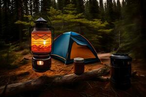 a camping tent and lantern in the woods. AI-Generated photo