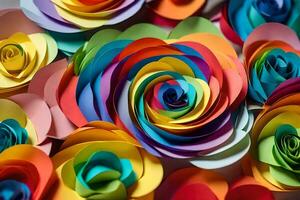 a large group of colorful paper roses. AI-Generated photo