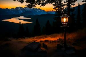 a lamp post in front of a mountain lake at sunset. AI-Generated photo