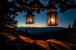 two lanterns hanging from a tree at sunset. AI-Generated photo