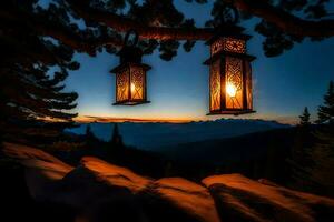 two lanterns hanging from a tree at sunset. AI-Generated photo