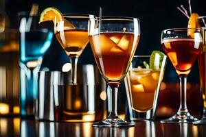 a group of different alcoholic drinks on a table. AI-Generated photo
