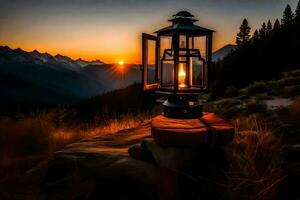 un linterna es iluminado en parte superior de un montaña a puesta de sol. generado por ai foto