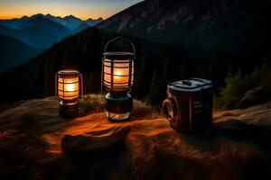 three lanterns on a mountain at sunset. AI-Generated photo