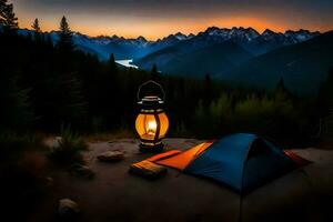 the lantern is lit at sunset in the mountains. AI-Generated photo