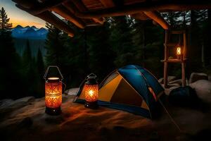 a tent and lanterns are lit up at dusk. AI-Generated photo