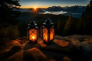 the lanterns are lit at sunset on the edge of a cliff. AI-Generated photo