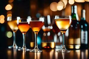 a row of wine glasses with different colored drinks. AI-Generated photo