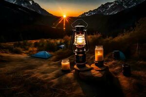 a lantern is lit in the middle of a mountain. AI-Generated photo