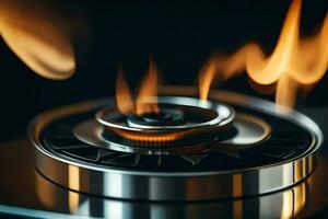 a close up of a gas burner with flames. AI-Generated photo