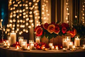 velas y flores son arreglado en un mesa con luces. generado por ai foto