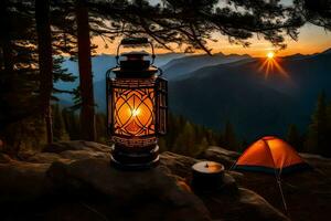 a lantern is lit on a rock in the middle of a forest. AI-Generated photo