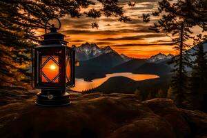 a lantern is lit up in front of a mountain at sunset. AI-Generated photo